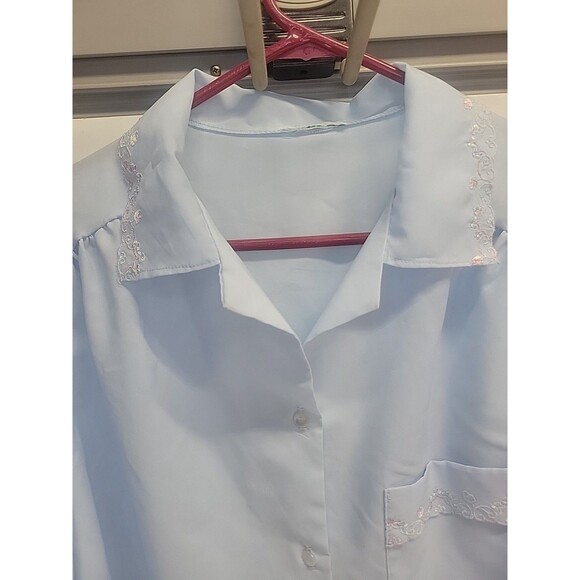 Vtg 80s Secretary Blouse Blue Office Sheer Floral Collar Pocket Sz XL - Picture 4 of 13